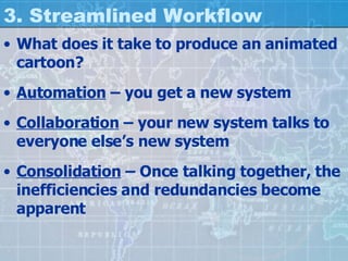 3. Streamlined Workflow What does it take to produce an animated cartoon? Automation  – you get a new system Collaboration  – your new system talks to everyone else’s new system Consolidation  – Once talking together, the inefficiencies and redundancies become apparent 