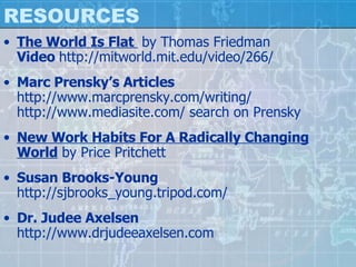 RESOURCES The World Is Flat  by Thomas Friedman   Video  http://mitworld.mit.edu/video/266/ Marc Prensky’s Articles http://www.marcprensky.com/writing/ http://www.mediasite.com/ search on Prensky New Work Habits For A Radically Changing World  by Price Pritchett Susan Brooks-Young http://sjbrooks_young.tripod.com/ Dr. Judee Axelsen http://www.drjudeeaxelsen.com 