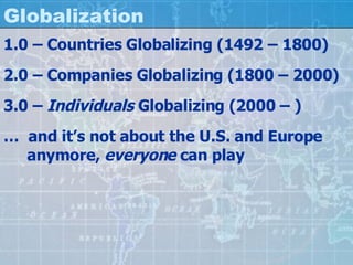 Globalization 1.0 – Countries Globalizing (1492 – 1800) 2.0 – Companies Globalizing (1800 – 2000) 3.0 –  Individuals  Globalizing (2000 – ) …  and it’s not about the U.S. and Europe anymore,  everyone  can play 