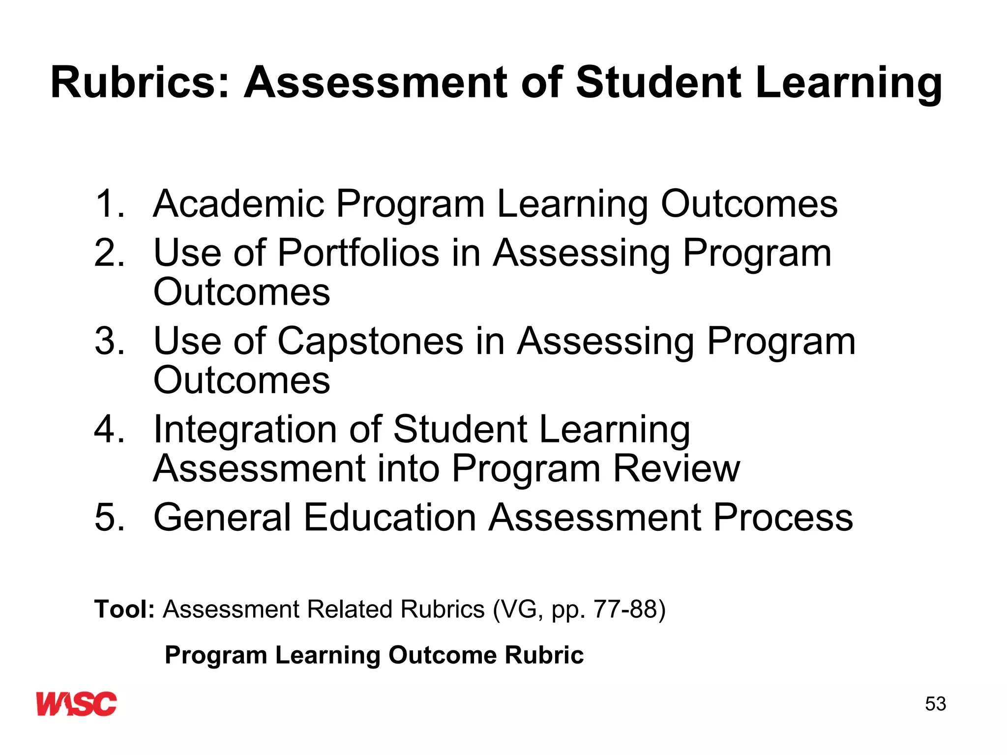 Rubrics: Assessment of Student Learning   Academic Program Learning Outcomes Use of Portfolios in Assessing Program Outcomes Use of Capstones in Assessing Program Outcomes Integration of Student Learning Assessment into Program Review General Education Assessment Process Tool:  Assessment Related Rubrics (VG, pp. 77-88) Program Learning Outcome Rubric 