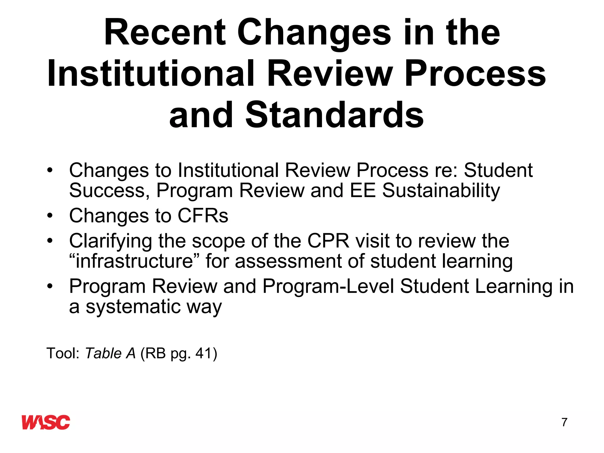 Recent Changes in the Institutional Review Process  and Standards   Changes to Institutional Review Process re: Student Success, Program Review and EE Sustainability Changes to CFRs Clarifying the scope of the CPR visit to review the “infrastructure” for assessment of student learning Program Review and Program-Level Student Learning in a systematic way Tool:  Table A   and B  (RB pg. 41and 46) 