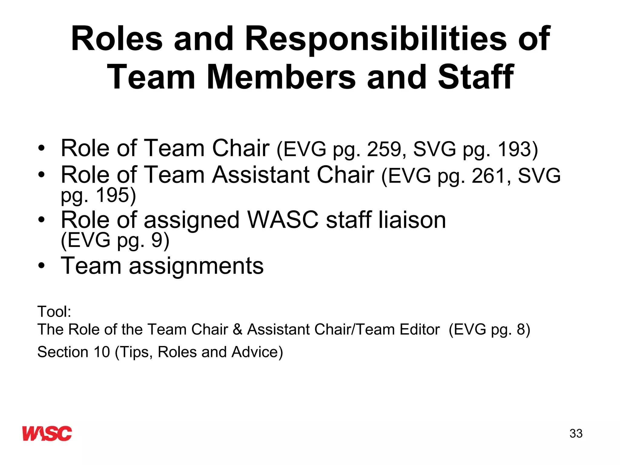 Roles and Responsibilities of Team Members and Staff Role of Team Chair  (EVG pg. 259, SVG pg. 193) Role of Team Assistant Chair  (EVG pg. 261, SVG pg. 195) Role of assigned WASC staff liaison  (EVG pg. 9) Team assignments Tool:  The Role of the Team Chair & Assistant Chair/Team Editor  (EVG pg. 8) Section 10 (Tips, Roles and Advice)   