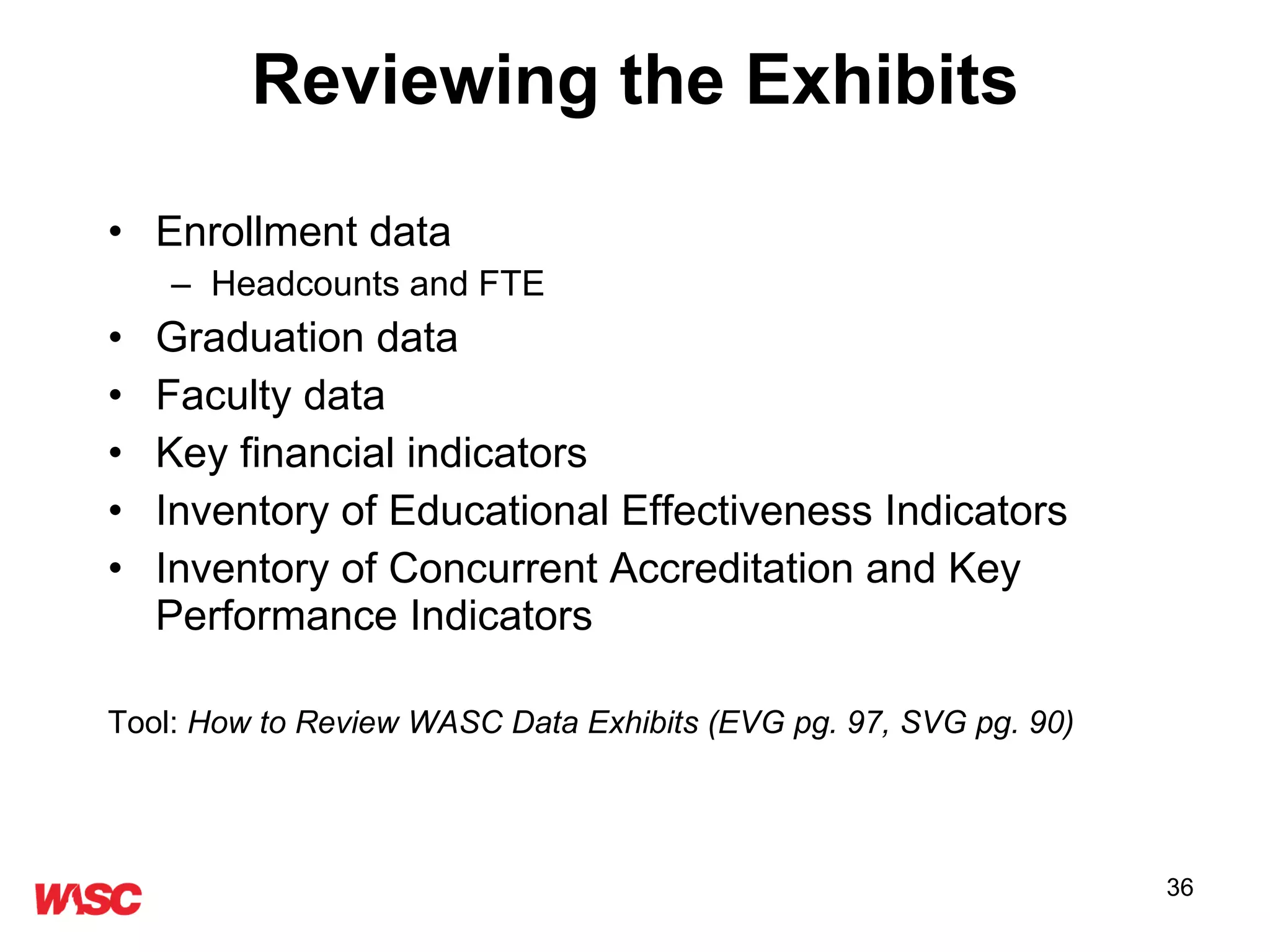 Reviewing the Exhibits Enrollment data Headcounts and FTE Graduation data Faculty data Key financial indicators Inventory of Educational Effectiveness Indicators Inventory of Concurrent Accreditation and Key Performance Indicators Tool:  How to Review WASC Data Exhibits (EVG pg. 97, SVG pg. 90) 