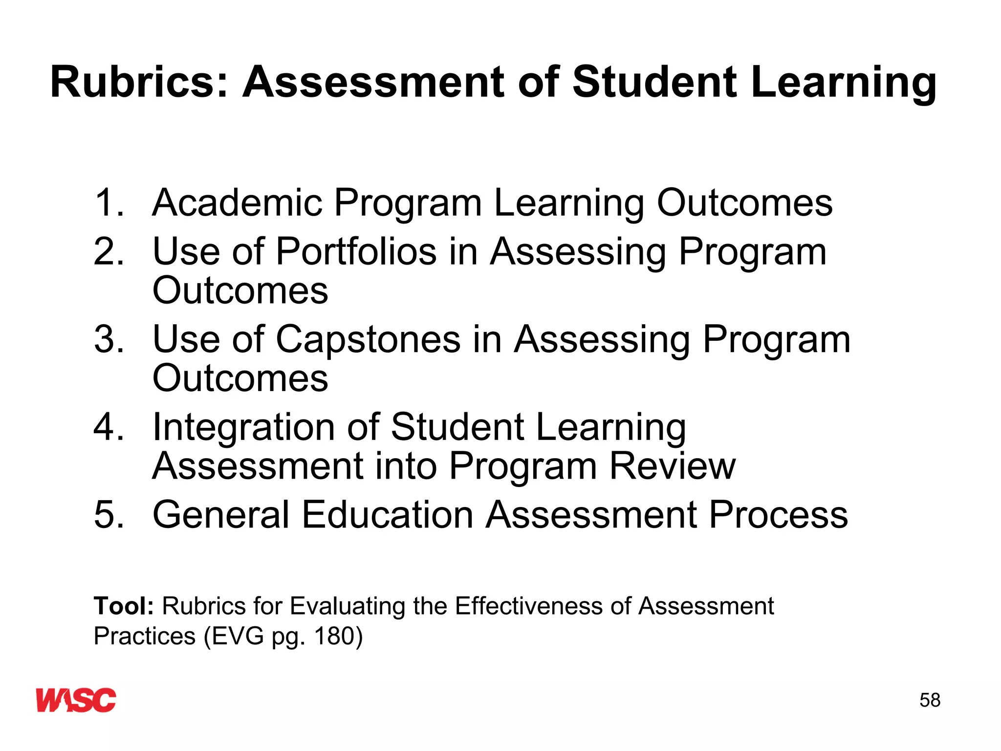 Rubrics: Assessment of Student Learning   Academic Program Learning Outcomes Use of Portfolios in Assessing Program Outcomes Use of Capstones in Assessing Program Outcomes Integration of Student Learning Assessment into Program Review General Education Assessment Process Tool:  Rubrics for Evaluating the Effectiveness of Assessment Practices (EVG pg. 180) 