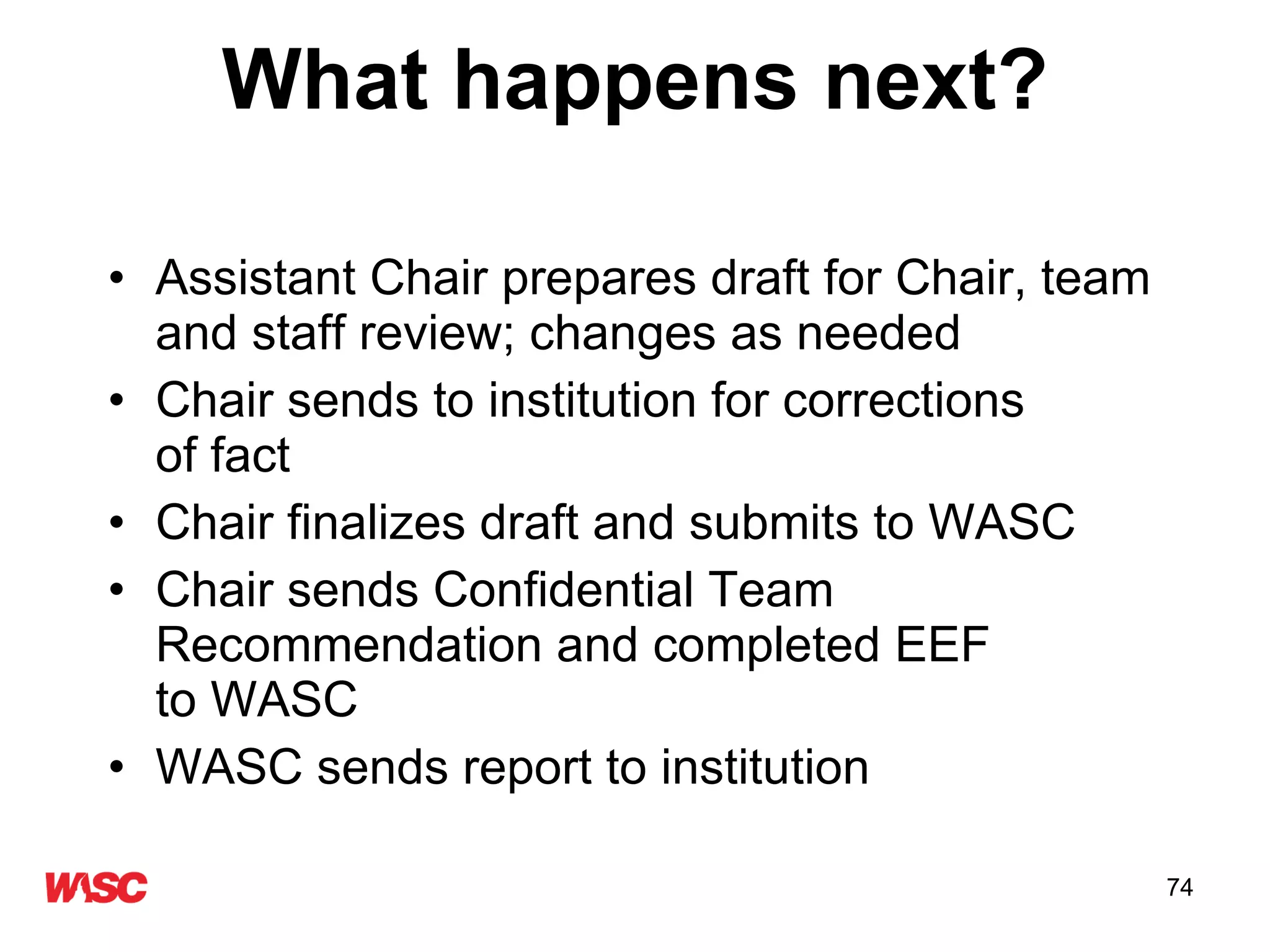 What happens next? Assistant Chair prepares draft for Chair, team and staff review; changes as needed Chair sends to institution for corrections  of fact Chair finalizes draft and submits to WASC Chair sends Confidential Team Recommendation and completed EEF  to WASC WASC sends report to institution 