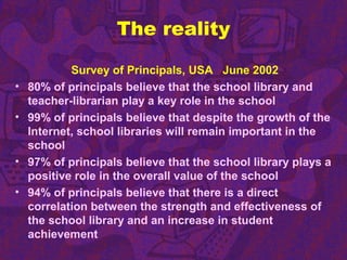 The reality
Survey of Principals, USA June 2002
• 80% of principals believe that the school library and
teacher-librarian play a key role in the school
• 99% of principals believe that despite the growth of the
Internet, school libraries will remain important in the
school
• 97% of principals believe that the school library plays a
positive role in the overall value of the school
• 94% of principals believe that there is a direct
correlation between the strength and effectiveness of
the school library and an increase in student
achievement
 