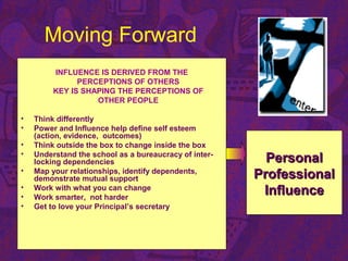 Moving Forward
INFLUENCE IS DERIVED FROM THE
PERCEPTIONS OF OTHERS
KEY IS SHAPING THE PERCEPTIONS OF
OTHER PEOPLE
• Think differently
• Power and Influence help define self esteem
(action, evidence, outcomes)
• Think outside the box to change inside the box
• Understand the school as a bureaucracy of inter-
locking dependencies
• Map your relationships, identify dependents,
demonstrate mutual support
• Work with what you can change
• Work smarter, not harder
• Get to love your Principal’s secretary
PersonalPersonal
ProfessionalProfessional
InfluenceInfluence
 