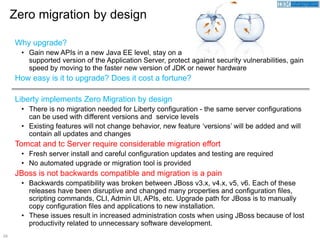 24
Why upgrade?
• Gain new APIs in a new Java EE level, stay on a
supported version of the Application Server, protect against security vulnerabilities, gain
speed by moving to the faster new version of JDK or newer hardware
How easy is it to upgrade? Does it cost a fortune?
Liberty implements Zero Migration by design
• There is no migration needed for Liberty configuration - the same server configurations
can be used with different versions and service levels
• Existing features will not change behavior, new feature ‘versions’ will be added and will
contain all updates and changes
Tomcat and tc Server require considerable migration effort
• Fresh server install and careful configuration updates and testing are required
• No automated upgrade or migration tool is provided
JBoss is not backwards compatible and migration is a pain
• Backwards compatibility was broken between JBoss v3.x, v4.x, v5, v6. Each of these
releases have been disruptive and changed many properties and configuration files,
scripting commands, CLI, Admin UI, APIs, etc. Upgrade path for JBoss is to manually
copy configuration files and applications to new installation.
• These issues result in increased administration costs when using JBoss because of lost
productivity related to unnecessary software development.
Zero migration by design
 