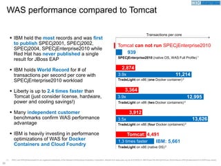 30
WAS performance compared to Tomcat
(1) SPEC and SPECjEnterprise2010 are registered trademarks of the Standard Performance Evaluation Corporation. Results from www.spec.org as of 07/30/2015: IBM Power730 939 EjOPS/core (World Record SPECjEnterprise2010 EJOPS/core result),
Transactions per core
Tomcat: 4,491
IBM: 5,661
TradeLight on x86 (native OS) 2
3,364
12,995
SPECjEnterprise2010 (native OS, WAS Full Profile) 1
3,912
13,626
TradeLight on x86 (two Docker containers) 2
 IBM held the most records and was first
to publish SPECj2001, SPECj2002,
SPECj2004, SPECjEnterprise2010 while
Red Hat has never published a single
result for JBoss EAP
 IBM holds World Record for # of
transactions per second per core with
SPECjEnterprise2010 workload
 Liberty is up to 2.4 times faster than
Tomcat (just consider license, hardware,
power and cooling savings!)
 Many independent customer
benchmarks confirm WAS performance
advantage
 IBM is heavily investing in performance
optimizations of WAS for Docker
Containers and Cloud Foundry
2,874
11,214
TradeLight on x86 (one Docker container) 2
TradeLight on x86 (four Docker containers) 2
939
Tomcat can not run SPECjEnterprise2010
3.9x
3.9x
3.5x
1.3 times faster
 