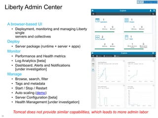 35
A browser-based UI
• Deployment, monitoring and managing Liberty
single
servers and collectives
Deploy
• Server package (runtime + server + apps)
Monitor
• Performance and Health metrics
• Log Analytics [beta]
• Dashboard, Alerts and Notifications
[under investigation]
Manage
• Browse, search, filter
• Tags and metadata
• Start / Stop / Restart
• Auto scaling (demo)
• Server Configuration [beta]
• Health Management [under investigation]
Liberty Admin Center
Tomcat does not provide similar capabilities, which leads to more admin labor
 