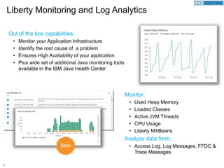 37
Beta
Liberty Monitoring and Log Analytics
Out of the box capabilities:
• Monitor your Application Infrastructure
• Identify the root cause of a problem
• Ensures High Availability of your application
• Plus wide set of additional Java monitoring tools
available in the IBM Java Health Center
Monitor:
• Used Heap Memory
• Loaded Classes
• Active JVM Threads
• CPU Usage
• Liberty MXBeans
Analyze data from:
• Access Log, Log Messages, FFDC &
Trace Messages
 