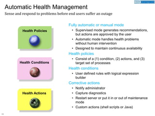 49
Fully automatic or manual mode
• Supervised mode generates recommendations,
but actions are approved by the user
• Automatic mode handles health problems
without human intervention
• Designed to maintain continuous availability
Health policies
• Consist of a (1) condition, (2) actions, and (3)
target set of processes
Health conditions
• User defined rules with logical expression
builder
Corrective actions
• Notify administrator
• Capture diagnostics
• Restart server or put it in or out of maintenance
mode
• Custom actions (shell scripts or Java)
Health Policies
Health Conditions
Health Actions
Automatic Health Management
Sense and respond to problems before end users suffer an outage
 