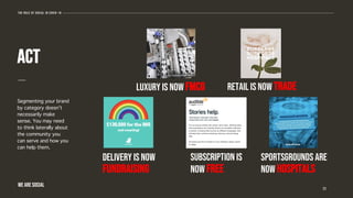 11
act
The role of social in covid-19
WE ARE SOCIAL
Luxury is now FMCG Retail is now TRADE
Delivery is now
fundraising
Subscription is
now free
Sportsgrounds are
now hospitals
Segmenting your brand
by category doesn’t
necessarily make
sense. You may need
to think laterally about
the community you
can serve and how you
can help them.
 