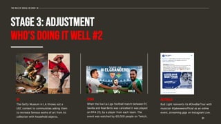 31
The role of social in covid-19
STAGE 3: ADJUSTMENT
WHO’S DOING IT WELL #2
US
The Getty Museum in LA throws out a
UGC contest to communities asking them
to recreate famous works of art from its
collection with household objects.
spain
When the live La Liga football match between FC
Sevilla and Real Betis was cancelled it was played
on FIFA 20, by a player from each team. The
event was watched by 60,000 people on Twitch.
AUSTRALIA
Bud Light reinvents its #DiveBarTour with
musician @jakeowenofficial as an online
event, streaming gigs on Instagram Live.
 