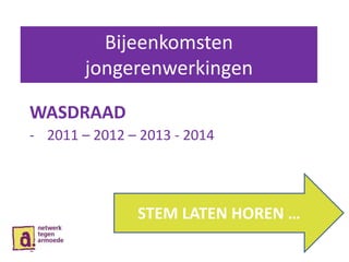 Bijeenkomsten
jongerenwerkingen
WASDRAAD
- 2011 – 2012 – 2013 - 2014
STEM LATEN HOREN …
 