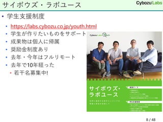 • 学生支援制度
• https://labs.cybozu.co.jp/youth.html
• 学生が作りたいものをサポート
• 成果物は個人に帰属
• 奨励金制度あり
• 去年・今年はフルリモート
• 去年で10年経った
• 若干名募集中!
サイボウズ・ラボユース
8 / 48
 