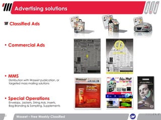 Classified Ads Commercial Ads MMS   Distribution with Waseet publication, or   targeted mass mailing solutions Special Operations   Envelops, Jackets, String Ads, Inserts,   Bag Branding & Sampling, Supplements Advertising solutions Waseet – Free Weekly Classified 