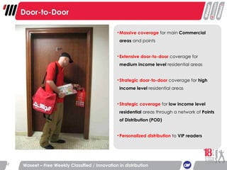 Waseet – Free Weekly Classified / Innovation in distribution Door-to-Door Massive coverage  for main  Commercial  areas  and points Extensive door-to-door  coverage for  medium income level  residential areas Strategic door-to-door   coverage for  high  income level  residential areas Strategic coverage  for   low income level  residential  areas through a network of  Points of Distribution (POD)   Personalized distribution  to  VIP readers  