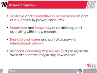 Waseet Franshise Profitable   and  competitive business   model  as part    of a successfully proven since 1992   Experience  and  know-how  of establishing and    operating within new markets   Strong brand name   and part of a growing    international network Standard Operating Procedures (SOP)  to replicate    Waseet’s success story in any new market   About 