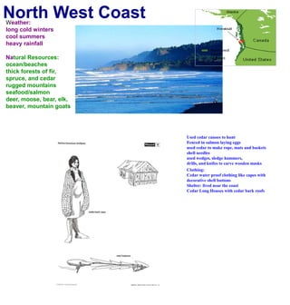 North West CoastWeather:long cold winterscool summersheavy rainfallNatural Resources:ocean/beachesthick forests of fir, spruce, and cedarrugged mountainsseafood/salmondeer, moose, bear, elk, beaver, mountain goatsUsed cedar canoes to huntFenced in salmon laying eggsused cedar to make rope, mats and basketsshell needles used wedges, sledge hammers, drills, and knifes to carve wooden masksClothing:Cedar water proof clothing like capes withdecorative shell buttons Shelter: lived near the coastCedar Long Houses with cedar bark roofs