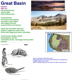 Great BasinWeather:little rainhot during the day cold at nightNatural Resources:mostly dessertlow areas surrounded by mountains at the edgeswith valleys that had seasonal lakes and streamsplants that need little water likegrasses, sagebrush, pinon trees, at the outer edges pine trees, and willowsmall animals rabbits, lizards, grasshoppers, snakes sometimes ducks , duck eggs during certain seasons seeds,berries pine nuts, roots, cattailTools: water baskets sealed with tree sapFloating duck decoys, nets, sharp sticks, flat baskets for catching seedsClothing: rabbit robes in winterShelter: Nomadic temporary cone shelters of willow, brush and reeds