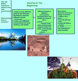 How did Native Americans adjust to the new environments?America In The BeginningDifferent groups in different environments developed their own beliefs and ways of life or _culture______________.  Groups in the same environments adapted similar life styles, and language creating _cultural______   regoin_________.Many Native American have these things in common.1. Nature has a spirit________.2. No one can own _land_________.4. Only use what is _needed_________.5. _trade_________ was important to most societiesLiving in many different parts of the Americas the Natives used the different natural _resources__________ in their own different environments for food, clothing, and shelter. What did they have in common?
