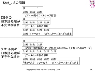 Copyright © 2008 HASH Consulting Corp. 24
Shift_JISの問題
表 '
0x95 0x5c 0x27
↓フロント側でのエスケープ処理
表 ' '
0x95 0x5c 0x27 0x27
↓データベース側の解釈
0x95 0x5c 0x27 0x27
0x95 ' で'一文字 ' がエスケープされずに余る
表 '
0x95 0x5c 0x27
↓フロント側でのエスケープ処理(0x5cと0x27をそれぞれエスケープ)
0x95 0x5c 0x5c 0x27 0x27
↓データベース側の解釈
0x95 0x5c 0x5c 0x27 0x27
「表」一文字 'で一文字 ' がエスケープされずに余る
DB側の
日本語処理が
不完全な場合
フロント側の
日本語処理が
不完全な場合
 