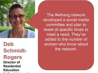The #wihsng network
              developed a social media
               committee and plan to
              tweet at specific times to
                meet a need. They’ve
               added to the number of
Deb           women who know about
                    the network.
Schmidt-
Rogers
Director of
Residential
Education
 