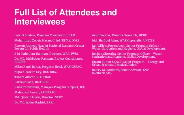 Full List of Attendees and
Interviewees
Laboni Shabna, Program Coordinator, DAM.
Mohammad Zobair Hasan, Chief (REM), DORP....