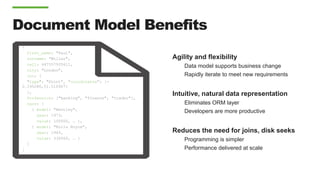 Document Model Benefits
{
first_name: "Paul",
surname: "Miller",
cell: 447557505611,
city: "London",
loc: {
"type": "Point”, ”coordinates”: [-
0.145280,51.510907]
},
Profession: ["banking", "finance", "trader"],
cars: [
{ model: "Bentley",
year: 1973,
value: 100000, … },
{ model: "Rolls Royce",
year: 1965,
value: 330000, … }
]
}
Agility and flexibility
Data model supports business change
Rapidly iterate to meet new requirements
Intuitive, natural data representation
Eliminates ORM layer
Developers are more productive
Reduces the need for joins, disk seeks
Programming is simpler
Performance delivered at scale
 