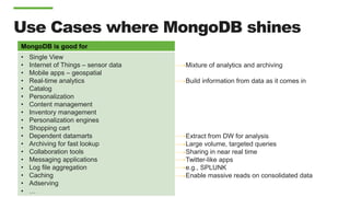 MongoDB is good for
• Single View
• Internet of Things – sensor data
• Mobile apps – geospatial
• Real-time analytics
• Catalog
• Personalization
• Content management
• Inventory management
• Personalization engines
• Shopping cart
• Dependent datamarts
• Archiving for fast lookup
• Collaboration tools
• Messaging applications
• Log file aggregation
• Caching
• Adserving
• …
Use Cases where MongoDB shines
Mixture of analytics and archiving
Build information from data as it comes in
Extract from DW for analysis
Large volume, targeted queries
Sharing in near real time
Twitter-like apps
e.g., SPLUNK
Enable massive reads on consolidated data
 