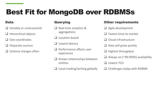 Best Fit for MongoDB over RDBMSs
Data
 Variably or unstructured
 Hierarchical objects
 Geo-coordinates
 Disparate sources
 Schema changes often
Querying
 Real-time analytics &
aggregations
 Location-based
 Lowest latency
 Performance affects user
experience
 Known relationships between
entities
 Local reading/writing globally
Other requirements
 Agile development
 Fastest time-to-market
 Cloud infrastructure
 Data will grow quickly
 Highest throughput
 Always on (~99.999%) availability
 Lowest TCO
 Challenges today with RDBMS
 