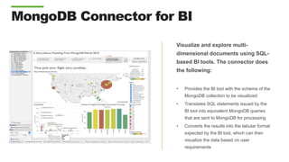 MongoDB Connector for BI
Visualize and explore multi-
dimensional documents using SQL-
based BI tools. The connector does
the following:
• Provides the BI tool with the schema of the
MongoDB collection to be visualized
• Translates SQL statements issued by the
BI tool into equivalent MongoDB queries
that are sent to MongoDB for processing
• Converts the results into the tabular format
expected by the BI tool, which can then
visualize the data based on user
requirements
 