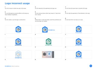 Brand Guidelines 9
Logo incorrect usage
1
Do not re-scale or stretch any part of the logo
5
Do not use lgo colours other than shown in “Logo Varia-
tion” section
4
Do not reposition the watermark and logo icon
7
Do not have the word mark in another font type
6
Where there is small real estate, avoid the wordmark and
use only logo icon instead.
8
Do not alter the geometry of the elements in the logo
3
Do not create or use the logo in outline form
9
Do not have font in all caps or no caps
2
Do not add apply any special effects to the logo e.g
drop shadows of gradients
1
2
3
4
Wash@Home
7
5 8
6
WASH@HOME
9
 