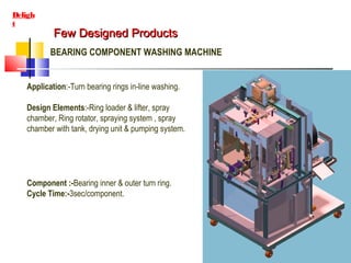 Few Designed ProductsFew Designed Products
Deligh
t
BEARING COMPONENT WASHING MACHINE
Application:-Turn bearing rings in-line washing.
Design Elements:-Ring loader & lifter, spray
chamber, Ring rotator, spraying system , spray
chamber with tank, drying unit & pumping system.
Component :-Bearing inner & outer turn ring.
Cycle Time:-3sec/component.
 