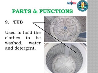 PARTS & FUNCTIONS
9. TUB
Used to hold the
clothes to be
washed, water
and detergent.
 