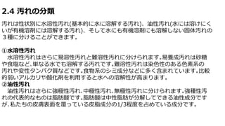 2.4 汚れの分類
汚れは性状別に水溶性汚れ(基本的に水に溶解する汚れ)、油性汚れ(水には溶けにく
いが有機溶剤には溶解する汚れ)、そして水にも有機溶剤にも溶解しない固体汚れの
３種に分けることができます。
①水溶性汚れ
水溶性汚れはさらに易溶性汚れと難溶性汚れに分けられます｡易養成汚れは砂糖
や食塩など､単なる水でも溶解する汚れです｡難溶性汚れは染色性のある色素系の
汚れや変性タンパク質などです｡食物系のシミ成分などに多く含まれています｡比較
的弱いアルカリや酸化剤を利用すると水への溶解性が高まります。
②油性汚れ
油性汚れはさらに強極性汚れ､中極性汚れ､無極性汚れに分けられます｡強種性汚
れの代表的なものは脂肪酸です｡脂肪酸は中性脂肪が分解してできる油性成分です
が､私たちの皮膚表面を覆っている皮脂成分の1/3程度を占めている成分です｡
 