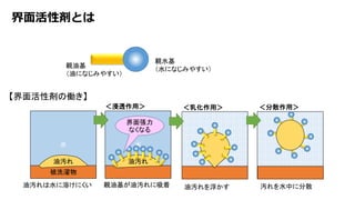 界面活性剤とは
親油基
（油になじみやすい）
親水基
（水になじみやすい）
【界面活性剤の働き】
水
被洗濯物
油汚れ
水
油汚れ
水 水
油汚れは水に溶けにくい 親油基が油汚れに吸着 油汚れを浮かす 汚れを水中に分散
＜乳化作用＞＜浸透作用＞ ＜分散作用＞
界面張力
なくなる
 