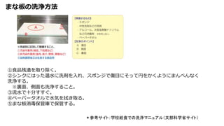 まな板の洗浄方法
＊参考サイト：学校給食での洗浄マニュアル（文部科学省サイト）
①食品残渣を取り除く。
②シンクにはった温水に洗剤を入れ、スポンジで傷目にそって円をかくようにまんべんなく
洗浄する。
※裏面、側面も洗浄すること。
③流水で十分すすぐ。
④ペーパータオルで水気を拭き取る。
⑤まな板消毒保管庫で保管する。
 