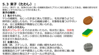 5.３ 束子（たわし）：
たわし（束子）は、洗浄のために用いる繊維を固めたブラシに似た道具のことである。繊維の部分を対
象物にこすり付けることで汚れを落とす。
束子の種類：
１）亀の子たわし
ヤシの繊維を、ねじった針金に挟んで固定し、毛先が揃うように
卵円形に成型したもの。ヤシの繊維は硬く、対象物を傷つけやすい
ため、主に金属製品や陶器などに用いられる。
２）スポンジたわし
発泡ポリウレタンをそのまま用いたもの。吸水性に富み、洗剤を
含ませることで洗浄が容易にできる。食器などの油汚れの洗浄に
効果を発揮する。スポンジ部分に洗浄剤あるいは砥粒（研磨剤）
を含ませた製品もある。
３）金属たわし
金属（鉄、ステンレス、真鍮）の細い線を丸めたもの。
対象物の表面を削り落とすため、非常に洗浄力が高い。
金属製品のコゲつきや錆落としに用いられる。鉄の非常に細い線
を綿状に固めた物はスチールウールと呼ばれる。
 