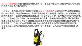 スプレー洗浄機は業務用食器洗浄機に用いられる程度の水圧で､付着力が弱くなった汚
れを取り除く力があります。
スプレー洗浄機より水圧の高いものはジェット洗浄機とよばれますが､非常に範囲が
広いので多様な用途があります。5MPa程度の水圧は家庭用の汎用ジェット洗浄機に採
用されており、洗車や建物の壁面洗浄､エアコンのフィルター洗浄などに用いられます。
それ以上の水圧になると､ペンキを剥離する作用、塗装道路等の表面を薄く削り取る
作用などがあります。ペンキ塗装面上の落書きの処理では落書き素材に有効な薬剤で
前処理を行った後､ペンキが剥離しないレベルの高圧水で処理する方法があります。
もっと高圧になれば金属等の切断にも用いられますが、これは洗浄の範囲を超えてい
ます。
 