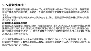 5.５蒸気洗浄機：
蒸気洗浄には有機溶剤を用いるタイプと水蒸気を用いるタイプがあります。有機溶剤
型は工業洗浄で利用され，蒸発させた後に温度低下で凝集する液体溶剤を用いる洗浄
です。
水蒸気を利用する洗浄はスチーム洗浄ともよばれ，産業分野一家庭分野の両方で利用
されています。
溶剤型の蒸気洗浄の特徴
溶剤型の蒸気洗浄は､揮発性の高い有機溶剤を用います｡引火性のある溶剤の場合､防爆
設備が必要になります｡蒸留した溶剤で洗浄するのと同じ原理になるので､高精度の処
理が可能になります｡ただし、蒸気を凝集させるだけの熱容量があるワークに対しての
み用いることができます。
これは洗浄対象が少し大きめの金属類などに限られるということを意味します。熱
容量の小さな高分子類や小型の部品類などは蒸気を凝集させることができないので､蒸
気洗浄には向いていません。
 