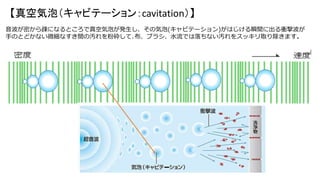 【真空気泡（キャビテーション：cavitation）】
音波が密から疎になるところで真空気泡が発生し、その気泡(キャビテーション)がはじける瞬間に出る衝撃波が
手のとどかない微細なすき間の汚れを粉砕して､布、ブラシ、水流では落ちない汚れをスッキリ取り除きます。
 