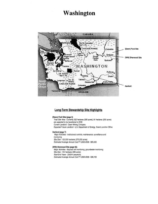 Washington

(Dawn) Ford Site

(WNI) Sherwood Site

Hanford

Long-Term Stewardship Site Highlights
(Dawn) Ford Site (page 3)
Total Site Area- Currently 202 hectares (500 acres); 81 hectares (200 acres)
are expected to be transferred to DOE
Current Landlord- Dawn Mining Company
Expected Future Landlord- U.S. Department of Energy, Grand Junction Office
Hanford (page 7)
Major Activities - institutional controls; maintenance; surveillance and
monitoring
Site Size- 152,000 hectares (375,000 acres)
Estimated Average Annual Cost FY 2000-2006- $55,000
(WNI) Sherwood Site (page 65)
Major Activities- disposal cell monitoring; groundwater monitoring
Site Size- 154 hectares (380 acres)
Start-End Years- 2000/in perpetuity
Estimated Average Annual Cost FY 2000-2006- $38,700

 