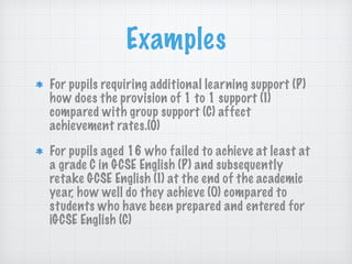 Examples
For pupils requiring additional learning support (P)
how does the provision of 1 to 1 support (I)
compared with group support (C) affect
achievement rates.(0)
For pupils aged 16 who failed to achieve at least at
a grade C in GCSE English (P) and subsequently
retake GCSE English (I) at the end of the academic
year, how well do they achieve (O) compared to
students who have been prepared and entered for
iGCSE English (C)
 