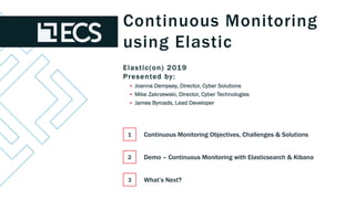 Elastic(on) 2019
Presented by:
§ Joanna Dempsey, Director, Cyber Solutions
§ Mike Zakrzewski, Director, Cyber Technologies
§ James Byroads, Lead Developer
Continuous Monitoring
using Elastic
Continuous Monitoring Objectives, Challenges & Solutions1
Demo – Continuous Monitoring with Elasticsearch & Kibana2
What’s Next?3
 