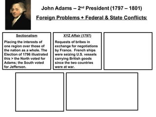 Sectionalism Placing the interests of one region over those of the nation as a whole. The Election of 1796 illustrated this > the North voted for Adams; the South voted for Jefferson. XYZ Affair (1797) Requests of bribes in exchange for negotiations by France.  French ships were seizing U.S. vessels carrying British goods since the two countries were at war.  John Adams – 2 nd  President (1797 – 1801) Foreign Problems + Federal & State Conflicts: 