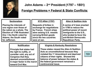 Sectionalism Placing the interests of one region over those of the nation as a whole. The Election of 1796 illustrated this > the North voted for Adams; the South voted for Jefferson. XYZ Affair (1797) Requests of bribes in exchange for negotiations by France.  French ships were seizing U.S. vessels carrying British goods since the two countries were at war.  Alien & Sedition Acts A series of 4 laws enacted in 1798 to reduce the political power of recent immigrants to the U.S., who tended to favor the anti-British Democratic Republican Party.  Nullification Principle that states had the right to nullify, or consider void, any act of Congress that they deemed unconstitutional. A major factor in the march toward Civil War.  Virginia & Kentucky Resolutions These states viewed the Alien & Sedition Acts as unconstitutional because they violated the 1 st  Amendment and deprived citizens of their rights . Showed the balance of power between the states & the federal government remained a controversial issue.  John Adams – 2 nd  President (1797 – 1801) Foreign Problems + Federal & State Conflicts: 