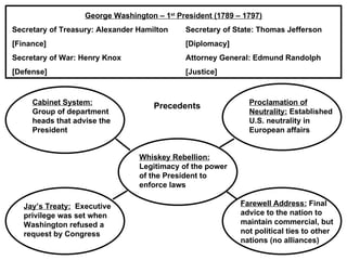George Washington – 1 st  President (1789 – 1797) Secretary of Treasury: Alexander Hamilton Secretary of State: Thomas Jefferson [Finance] [Diplomacy] Secretary of War: Henry Knox Attorney General: Edmund Randolph [Defense] [Justice] Precedents Cabinet System:  Group of department heads that advise the President Proclamation of Neutrality:  Established U.S. neutrality in European affairs Whiskey Rebellion:   Legitimacy of the power of the President to enforce laws Jay’s Treaty:   Executive privilege was set when Washington refused a request by Congress Farewell Address:  Final advice to the nation to maintain commercial, but not political ties to other nations (no alliances) 