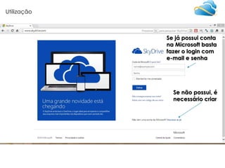 Utilização

Se já possui conta
na Microsoft basta
fazer o login com
e-mail e senha

Se não possui, é
necessário criar

 